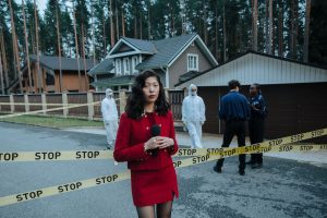 Journalist reporting from a crime scene with STOP tape and forensic team in the background. — Erwin Casino: Ihr Guide zu den